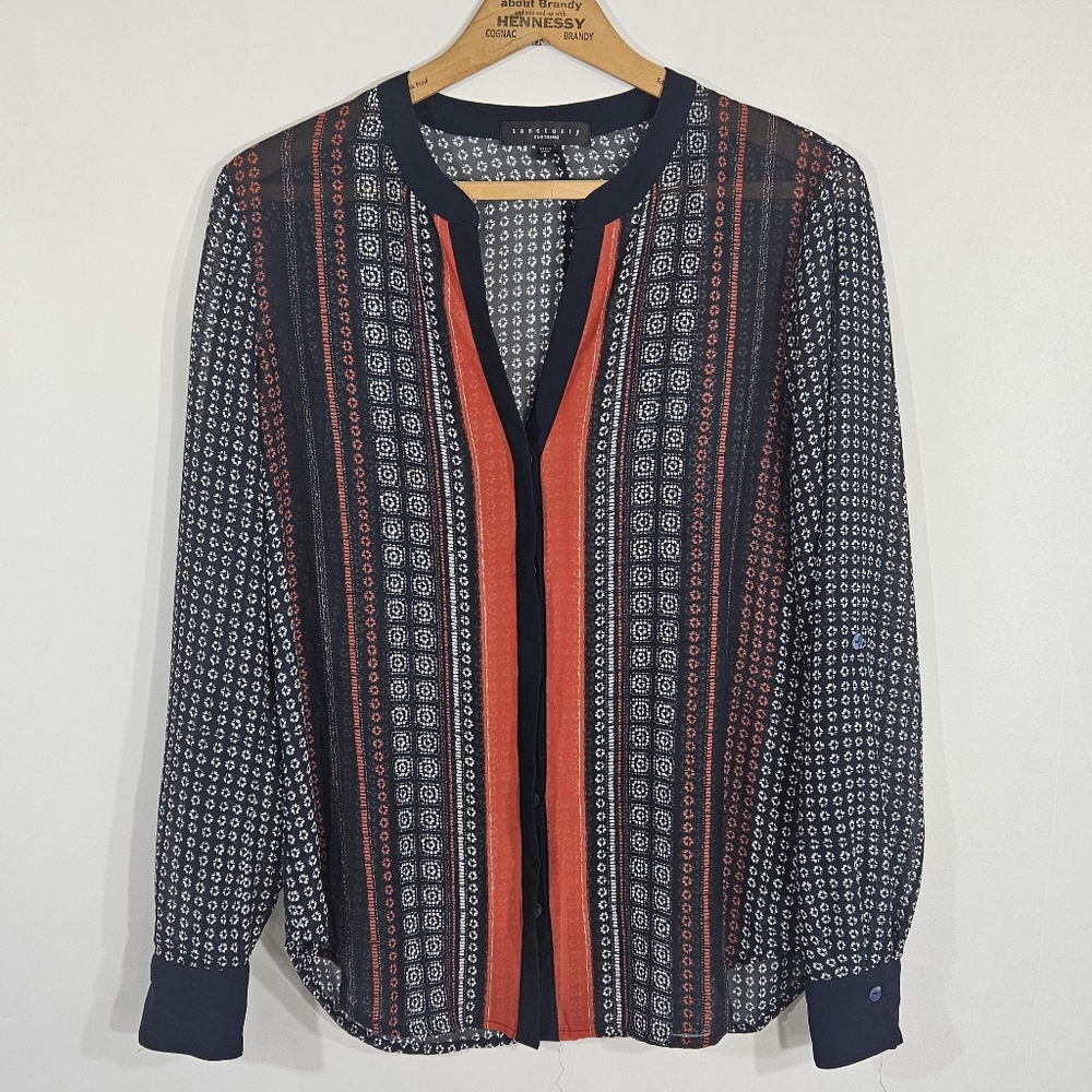 Sanctuary Scarf Print Sheer Blouse Size S Roll Tab Sleeve